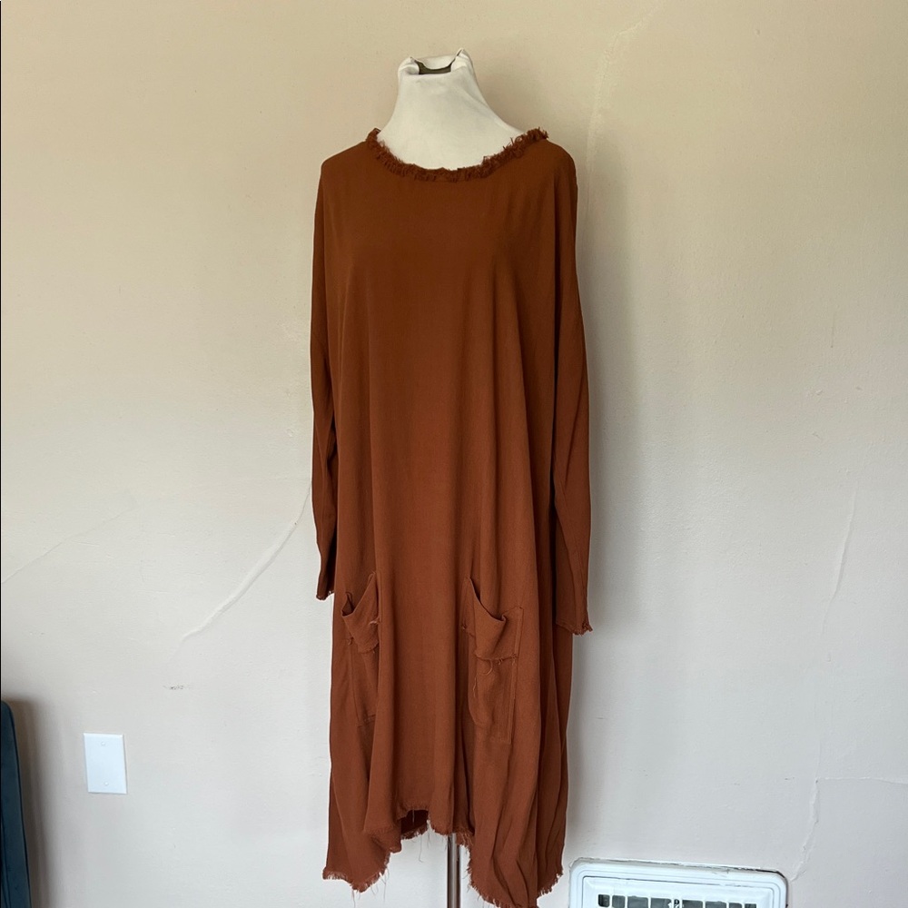 Raquel Allegra Orange/Brown Long Sleeve Raw Edge Dress